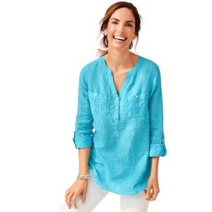 Talbots Aqua 100% Linen Pintuck Popover with Roll Tab Sleeves Size Small
